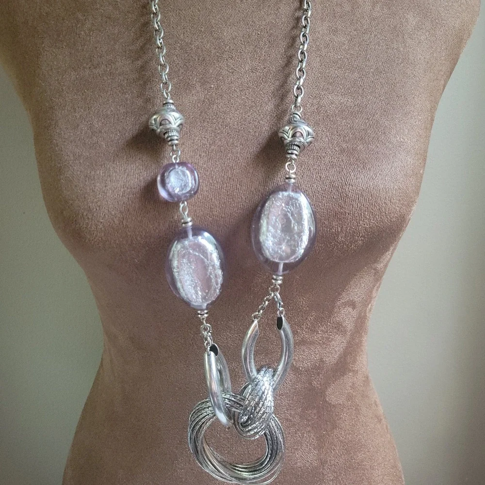 Silver Foil Lucite Bead Chunky Link‎ Statement Necklace Whimsical